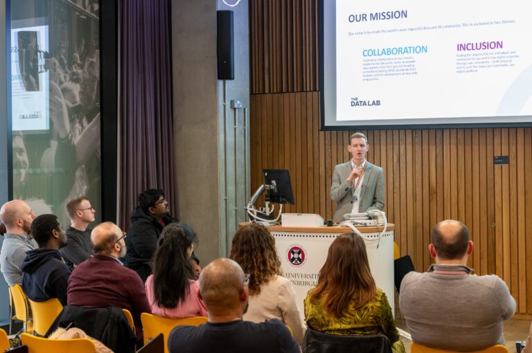 Adam Turner, Head of External Funding Services at The Data Lab, presenting to a group of entrepreneurs.