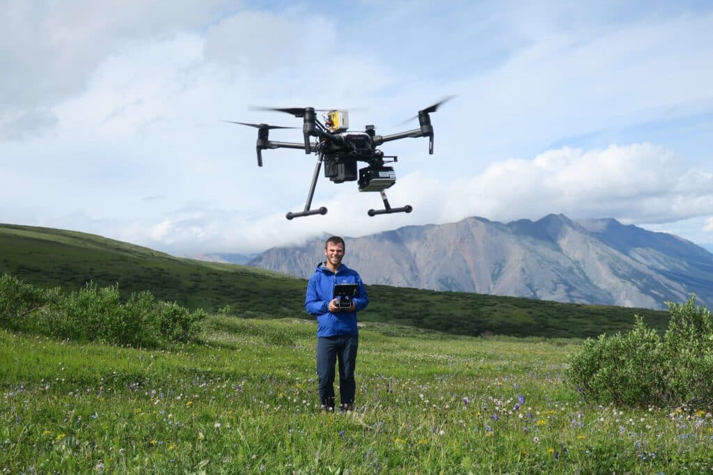 Calum Hoad flying his drone in the mountains