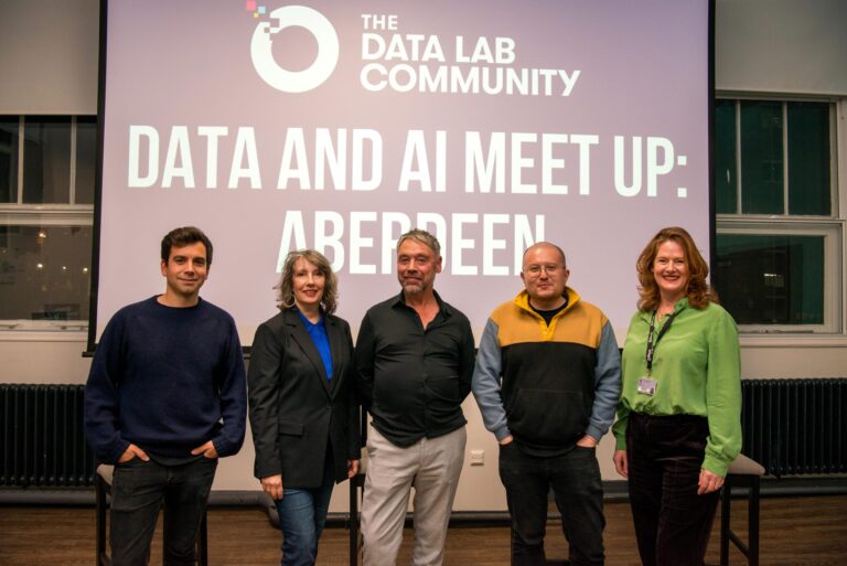 Pictured left to right: Max Baczynski, Business Development Officer (Skills), Marian Dunbar, The Data Lab Academy Programme Manager, Elementz CEO Jason Brown, Steven Thomson, Community and Events Manager, and Sandra Ripley, Business Development Executive (Industry, Partner & Skills Lead) .