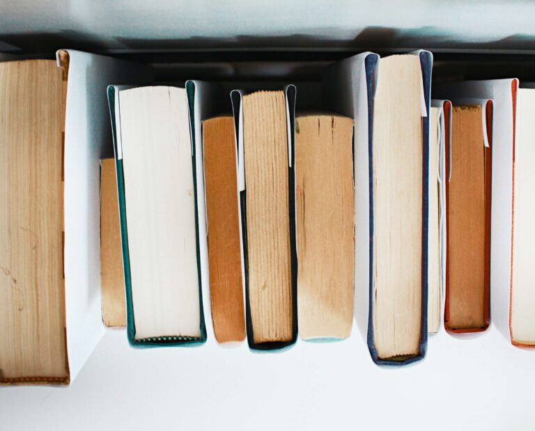 a row of books from above, showing how thick each one is.