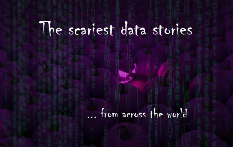 one sinister glowing purple pumpin sitting in the middle of plain pumpkins with data streams overlapping the full image