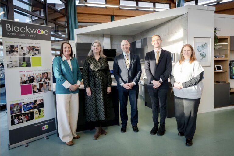 Pictured left to right: Heather Thomson, Interim CEO, The Data Lab; Steph Sutherland, Development and Commercial Director, Blackwood Homes and Care; Neil Gray MSP, Cabinet Secretary for Health and Social Care, Scottish Government; Adam Turner, Head of External Funding Services, The Data Lab; Annie Seath, Senior Care & Support Worker, Digital Technologies, Blackwood Homes and Care.