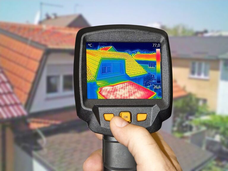 A person holding a thermal camera in front of a house, using a thermal imaging device.