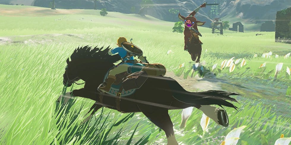 mystical creature riding horse in a field