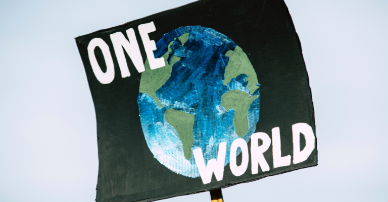 picket sign with a globe reading 'one world'