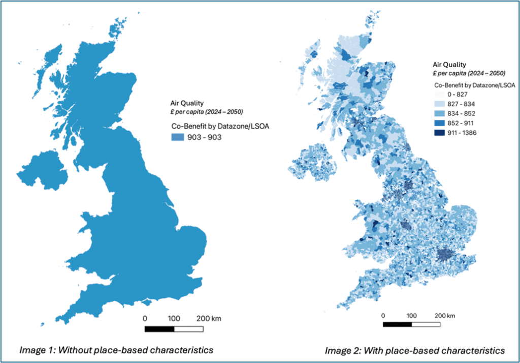 Graph showing two images of the UK side by side. One map of the UK is all blue, the other map appears speckled and colour coded by air quality co-benefits for each local area - demonstrating huge variability in air quality co-benefits across the UK.