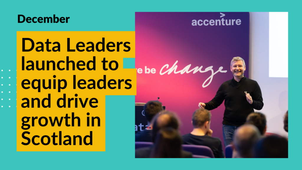 Craig who runs Data Leaders courses speaks infront of a large group at DataFest 2022. Overlay text reads "Data Leaders launched to equip leaders and drive growth in Scotland"