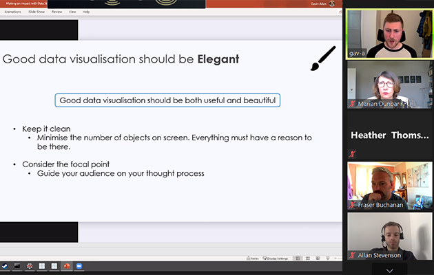 Screenshot of zoom event with Gavin Allan talking about data storytelling and visualisation