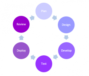 graph with the words 'review', 'plan', 'desgin', 'develop', 'test', and 'deploy' around in a circle