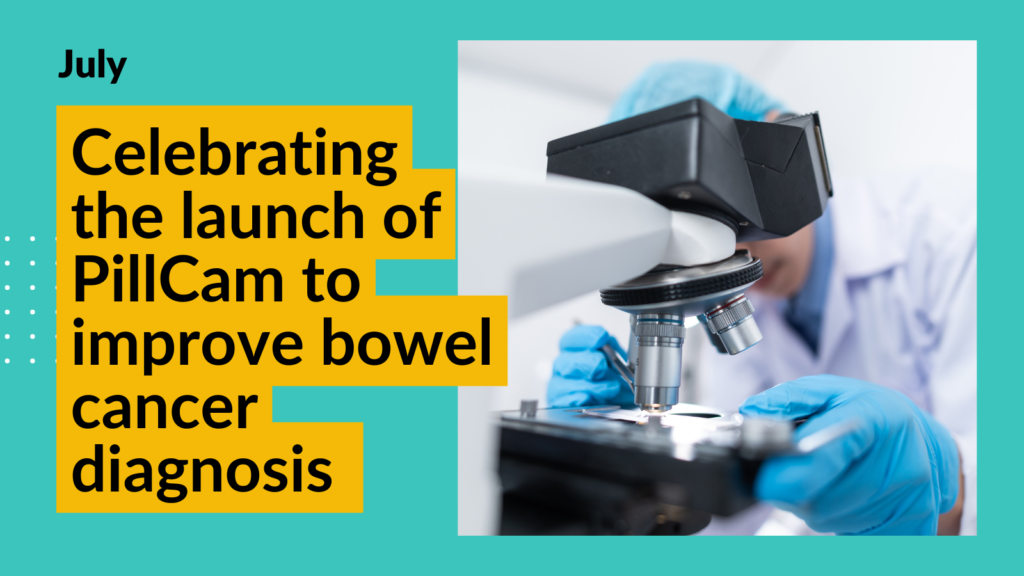 Stock image of a doctor looking into a microscope. Overlay text reads "Celebrating the launch of PillCam to improve bowel cancer diagnosis"