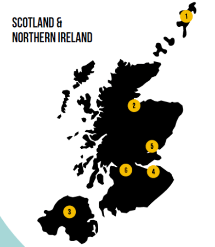 Simple map of Scotland and Northern Ireland with six data points corresponding to project locations: Lerwick in Shetland, Inverness, Northern Ireland, Edinburgh, Dundee and Glasgow